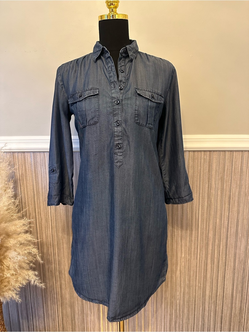 LOFT Chambray Shirt Dress Size 0 Lyocell Button Front Utility Tunic Dress